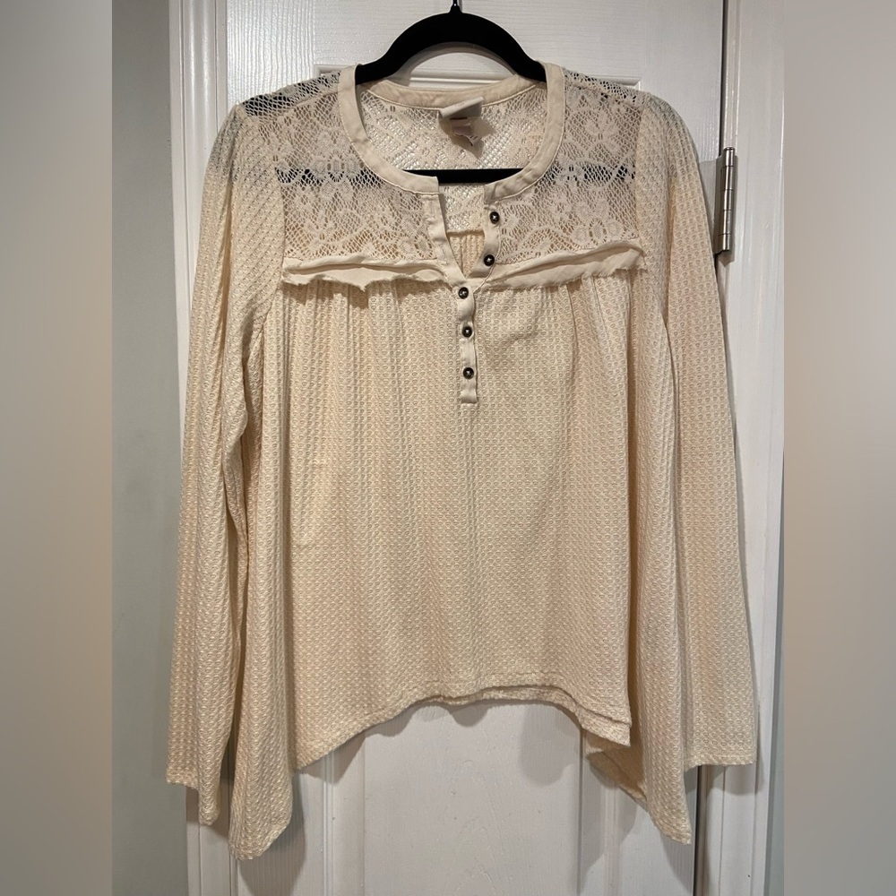 Knox Rose Size M Cream Waffle Knit Lace Long Sleeve Henley Top Tunic Shirt